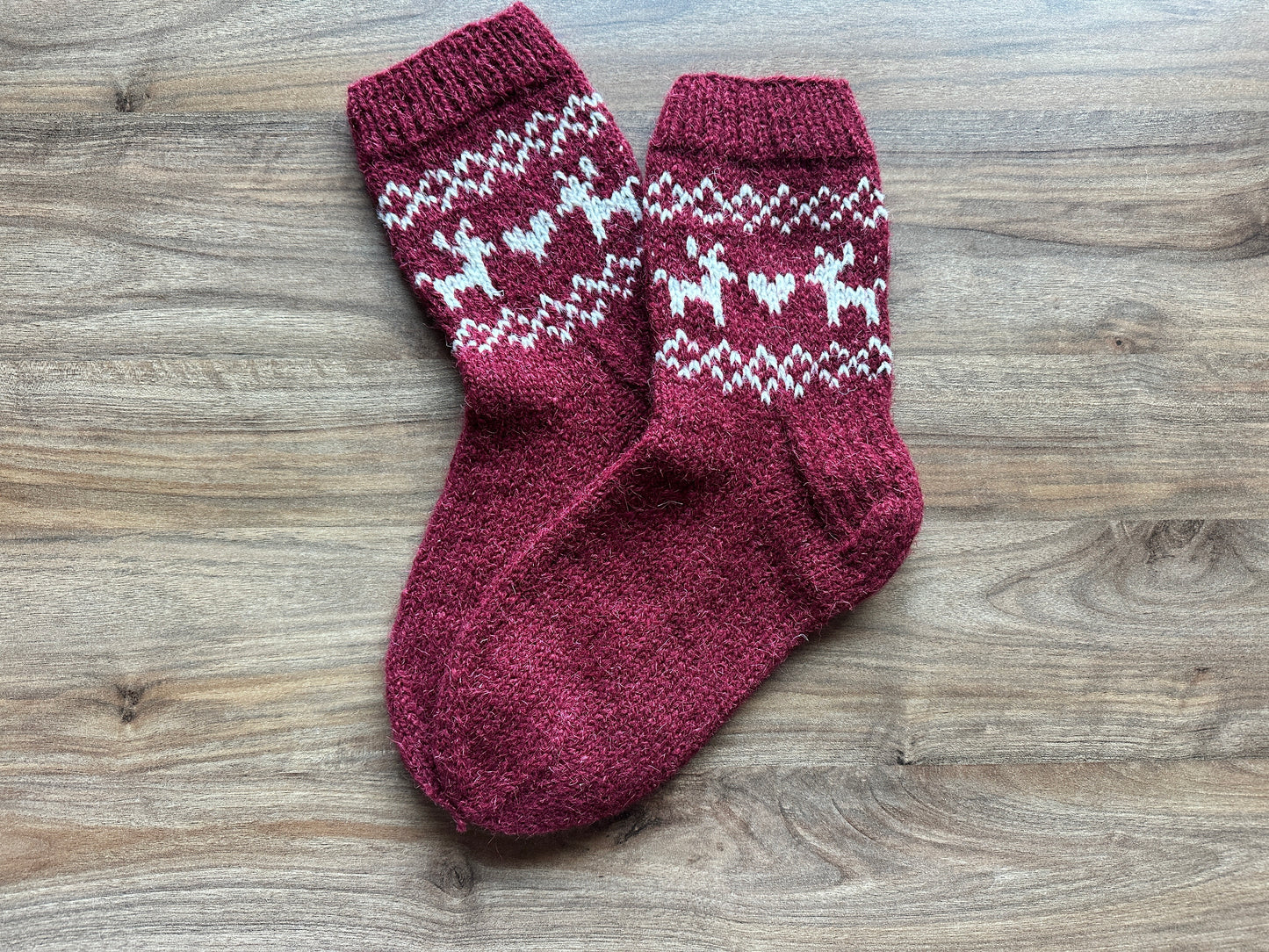 Red Wool Socks with White Reindeer Pattern