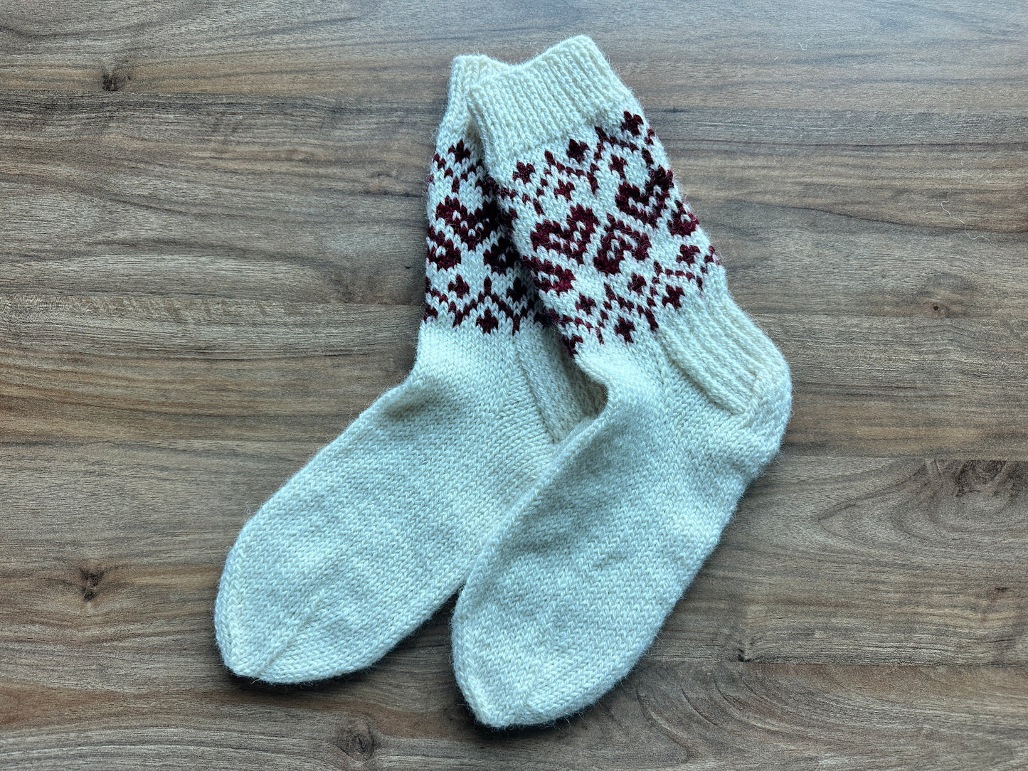 White Wool Socks with Red Ornament Pattern