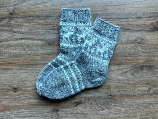 Gray Wool Socks with White Reindeer