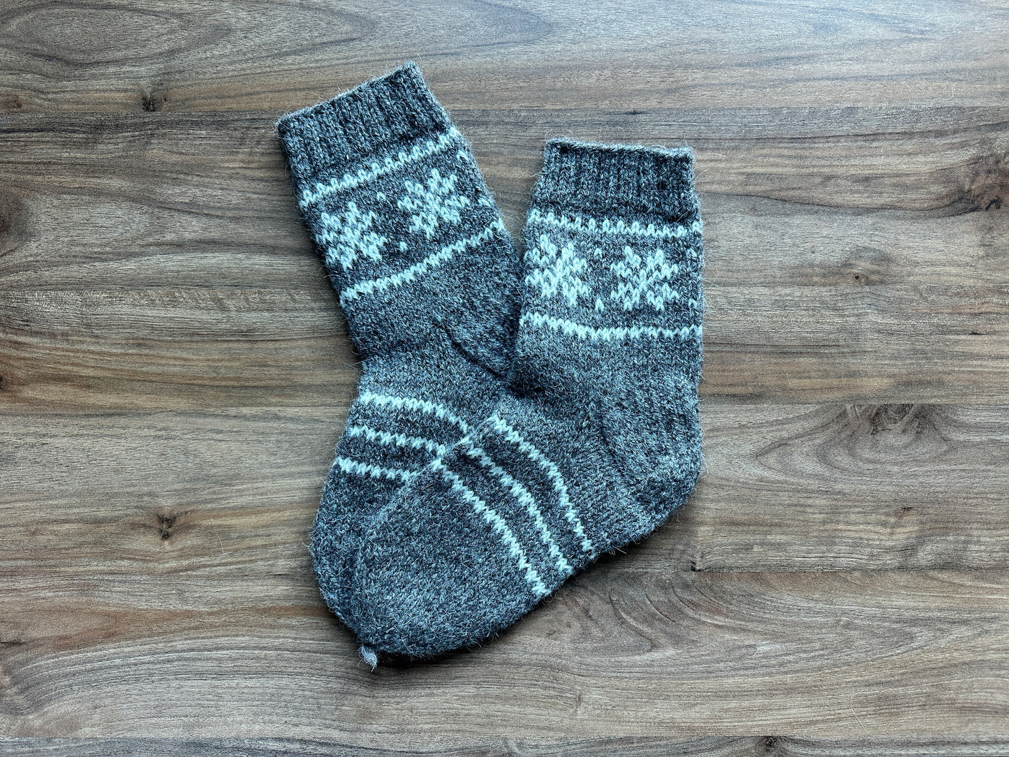 Gray Wool Socks with White Snowflake Pattern