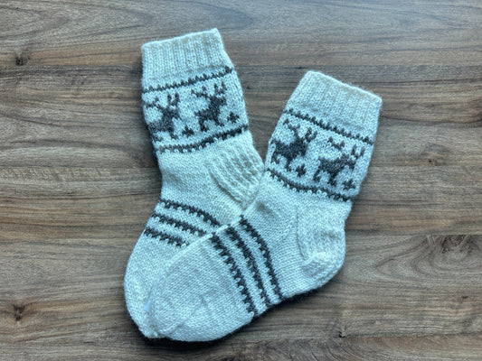 Cream Wool Socks with Gray Reindeer Pattern