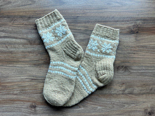 Beige Wool Socks with Light Blue Snowflake Pattern