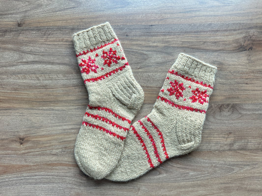 Beige Wool Socks with Red Decorative Pattern